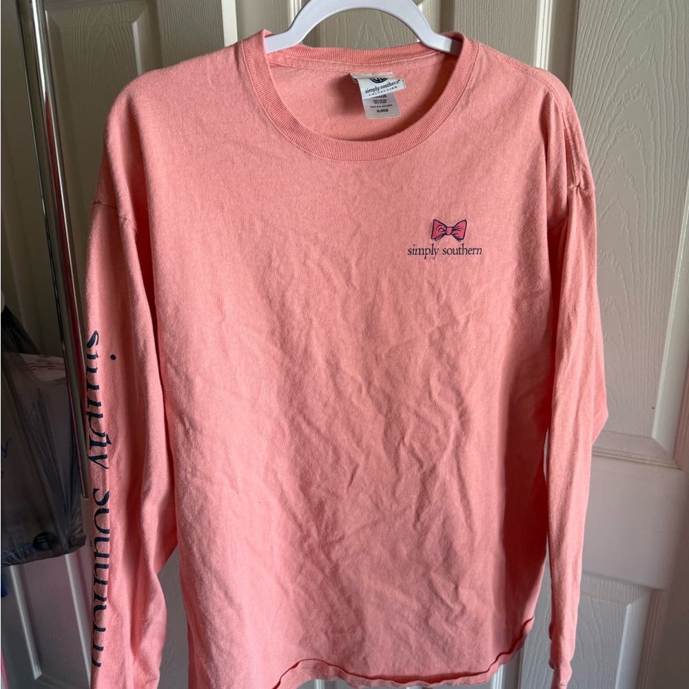 Simply Southern Coral Pink Long Sleeve Tee with Bow Logo